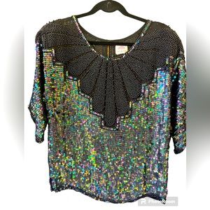 Vintage Original 80's 90's Black Sequins Beaded Top Blouse F.A. Chatta Medium